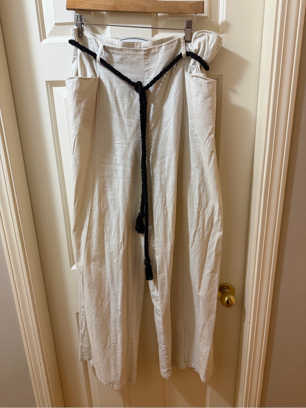 Collectif Cream High-Waist  Linen Wide Leg Pants with Black Rope Detail